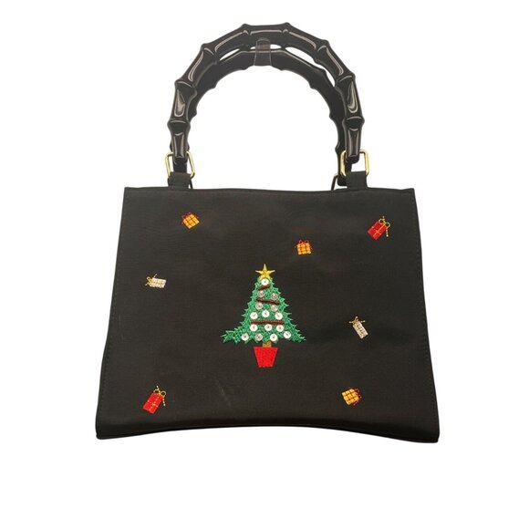 Tianni Women’s Black Christmas Embroidered Gift/Tree Bamboo Handles Handbag Sz S - Picture 1 of 9